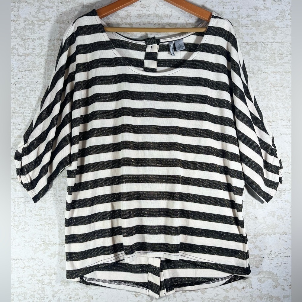 NWT NEW DIRECTION WEEKEND Nautical Black/White Stripe Top Sz L Coastal Beachy